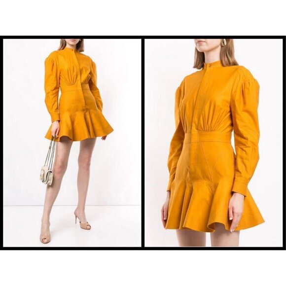 💕ACLER💕 Lewis Shirt Dress ~ 100% Colton Puff Sleeves Mini Dark Gold US 2 - Picture 4 of 14